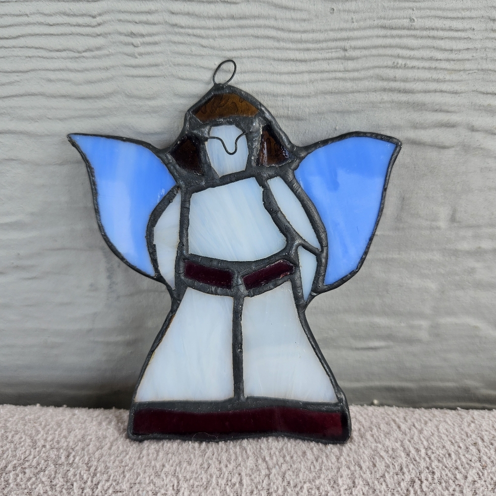Stained Glass Angel Suncatcher Hanging Blue White Metal 3.5" Handcrafted